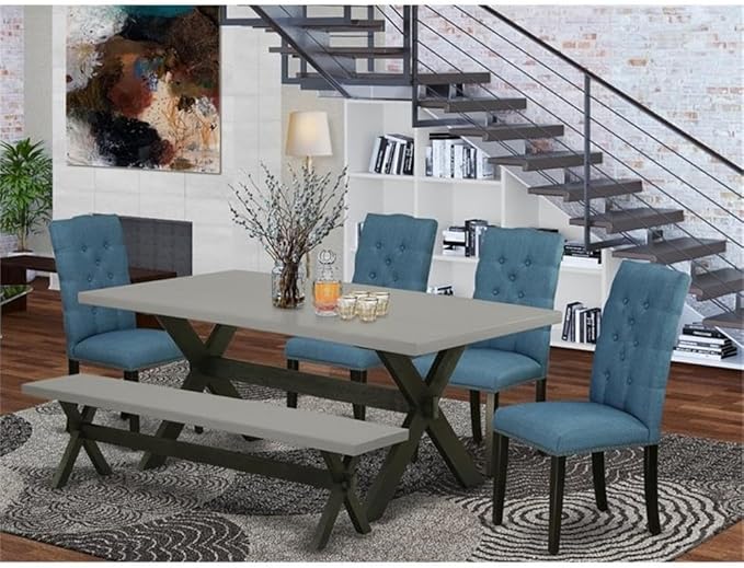 East West Furniture X697EL121-6 6 Piece Dining Set Contains a Rectangle Dining Room Table with X-Legs and 4 Blue Linen Fabric Parson Chairs with a Bench, 40x72 Inch, Multi-Color