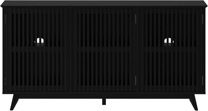 Plank+Beam Mid-Century Modern Wood TV Stand, Three Door Solid Wood Entertainment Console with Storage, 59" L x 16" W x 30" H, Black