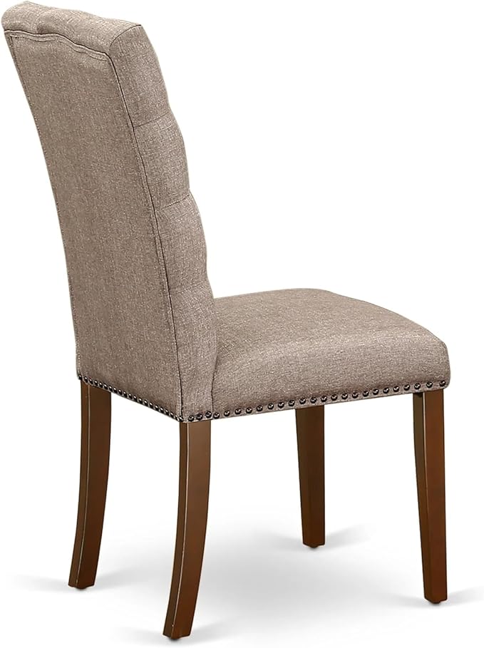East West Furniture ELP3T16 Elsa Parson Dining Chairs - Button Tufted Nailhead Trim Dark Khaki Linen Fabric Upholstered Chairs, Set of 2, Mahogany