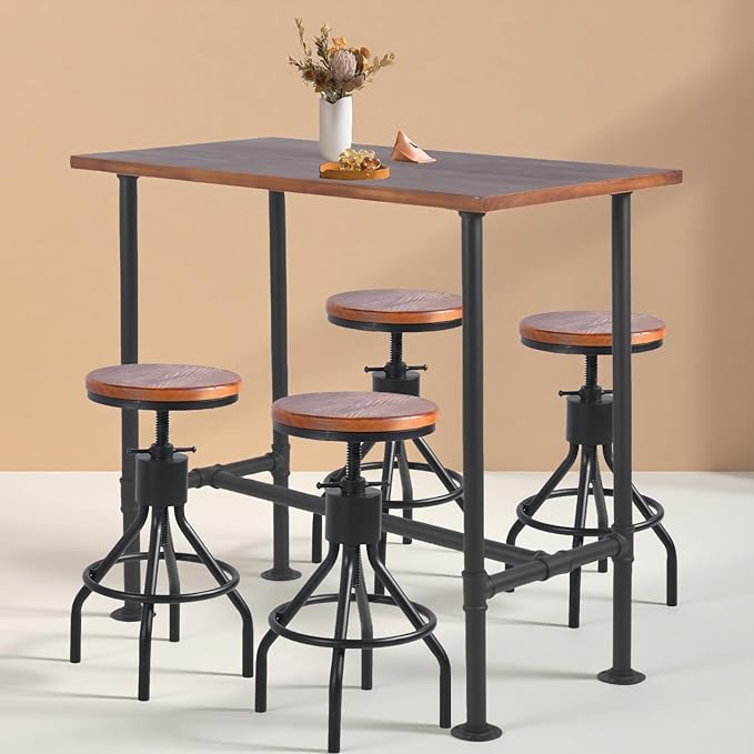 Industrial Rectangle Bar Table with Set of 2 Bar Stools Vintage 3 Pieces Pub Table Set for Home Office Farmhouse Dinner Table with Chairs