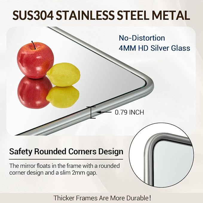 ANDY STAR 24x36 Brushed Nickel Bathroom Mirror, Stainless Steel Metal Frame with Rounded Corner Rectangle Bathroom Mirror for Over Sink, Modern Silver Mirror for Bathroom, Power Room, Living Room