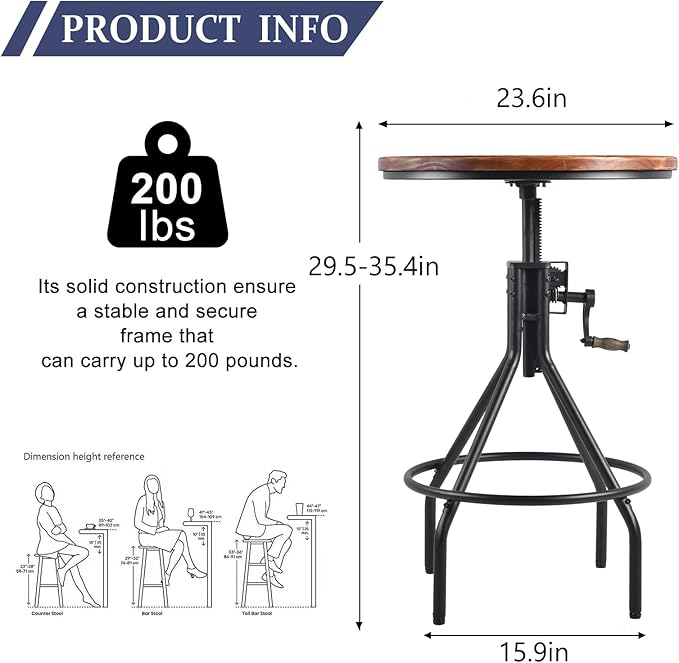 Diwhy Industrial Design Bar Table Height Adjustable with Handle Kitchen Dining Coffee Bistro Pub Table Black