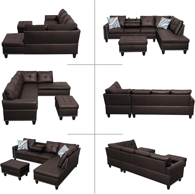 L Shaped Modular Sectional Sofa with Reversible Chaise Lounge, 5-Seater Corner Couch, PU Leather Convertible Sofá w/Movable Ottoman, Cup Holders, 2 Pillows and Rivet Ornament for Living Room