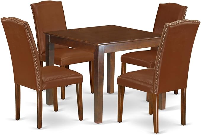 East West Furniture OXEN5-MAH-66 5 Piece Modern Dining Table Set Includes a Square Wooden Table and 4 Brown Faux Faux Leather Upholstered Chairs, 36x36 Inch, Mahogany