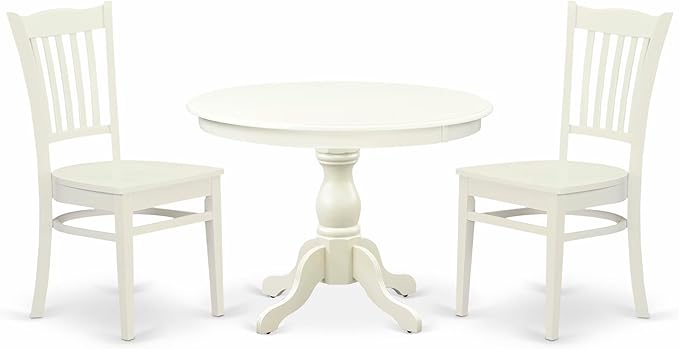 East West Furniture HBGR3-LWH-W 3 Piece Kitchen Table Set for Small Spaces Contains a Round Dining Table with Pedestal and 2 Dining Room Chairs, 42x42 Inch, Linen White