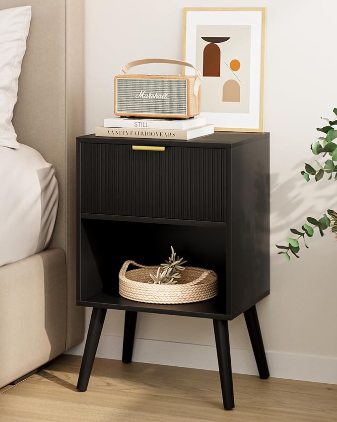 Nightstand, Small Side Table, Bedside Table with Drawer, Modern Night Stand, End Table for Bedroom, Living Room (Black Stripe)