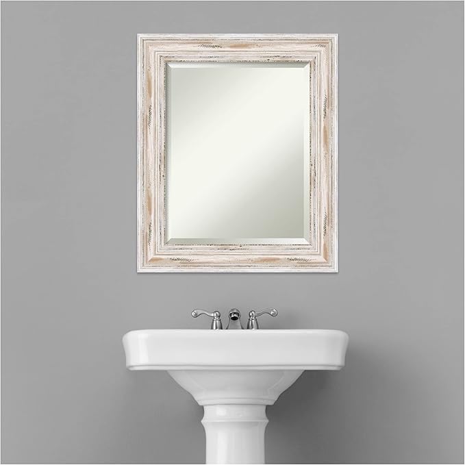 Amanti Art White Bathroom Mirror for Over Sink, 25x21 Alexandria White Wash Rectangle Vanity Mirror, Small Coastal Wood Frame, Hangs Horizonally and Vertically, Bathroom Wall Decor, Beveled Edge