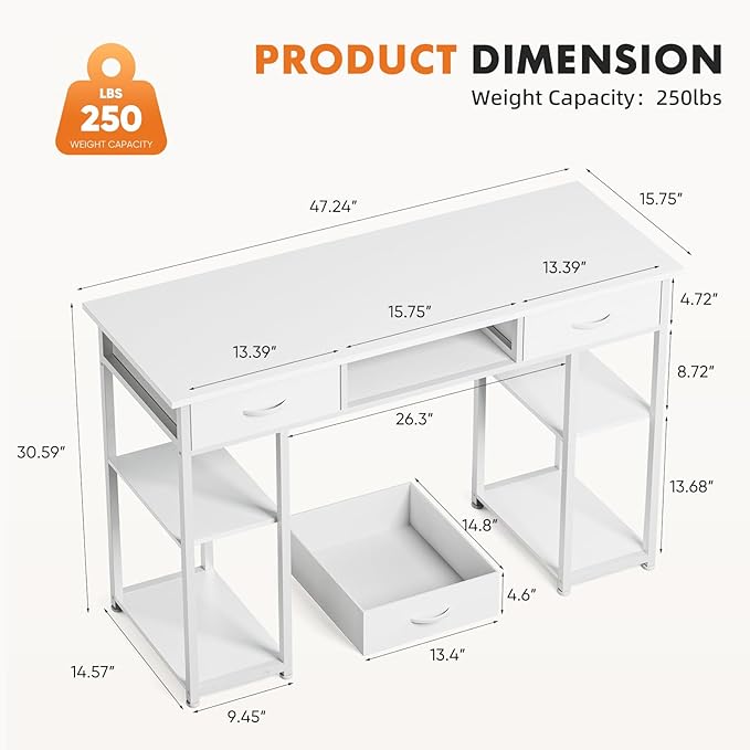 Whitmor Computer Desk - 48 Inch Home Office Study Writing Table with 2 Fabric Drawers, Storage Shelves, Side Bag, Headphone Hook, White