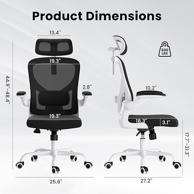 Ergonomic Office Chair, Comfy Home Office Chair High Back Computer Chair with Headrest, Adjustable Back Support, Flip-Up Arms, 90-120° Tilt and Wide Cushion, Up to 300lbs, Black+White