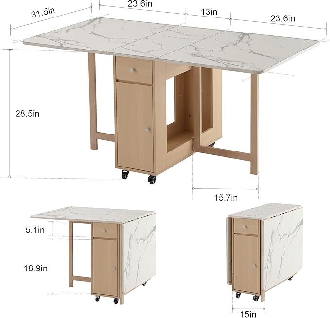 Drop Leaf Table Extendable, Foldable Kitchen Table Space Saving, Folding Dining Table with 2 Drawers and 4 Wheels, Dining Table for Living Room, Farmhouse， RV(Marble Wood)