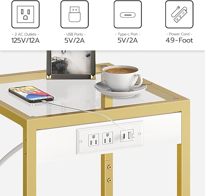 HOOBRO Side Table with Charging Station, End Table with USB Port, Nightstand for Tight Spaces, Tempered Glass, Modern Metal Frame, for Office, Bedroom, Living Room, Study, Gold GD76UBZ01