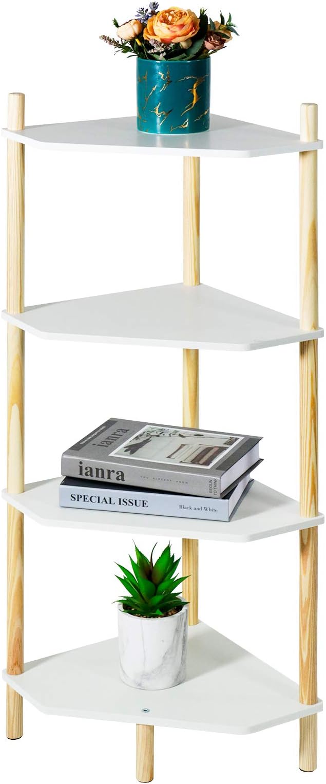 LITA Modern Wood Side Table, Triangular Accent End Table Plant Night Stand with Magazine Storage for Bedroom, Living Room, Bathroom, White, 4- Tier