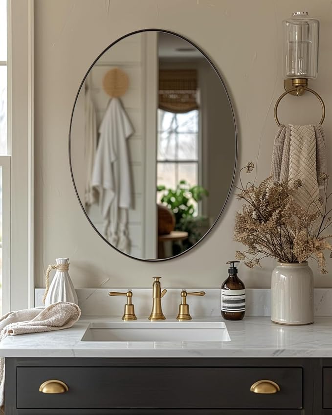 ANDY STAR Brushed Bronze Oval Mirrors for Bathroom, 20x28 Inch Bronze Stainless Steel Metal Framed Oval Wall Mirror, Modern Vanity Mirror Wall Mount Horizontal or Vertical
