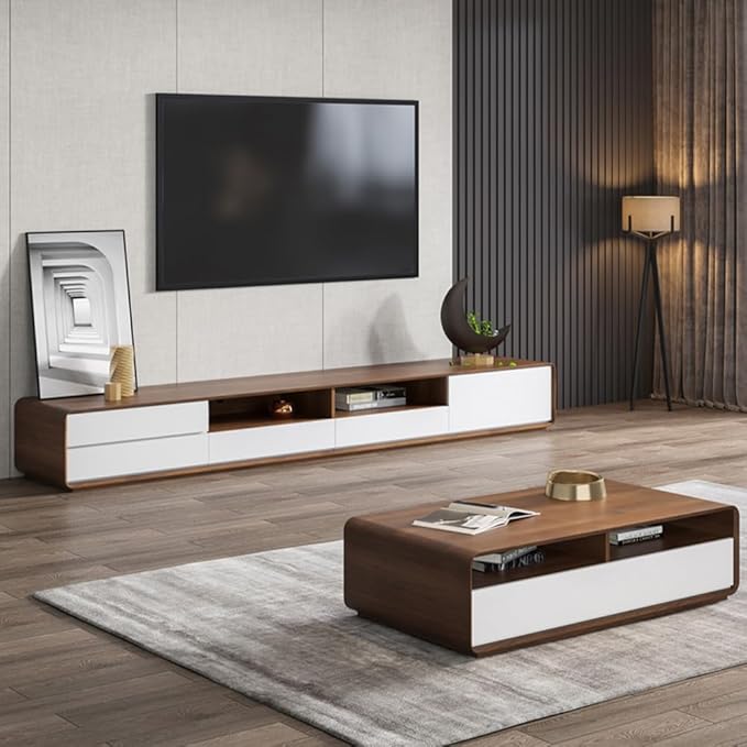 POVISON Modern Wood White TV Stand 78", Fully-Assembled Open Storage Cabinet, Lowline Media Console with 4 Drawers, Walnut Veneer (TV Stand Only)