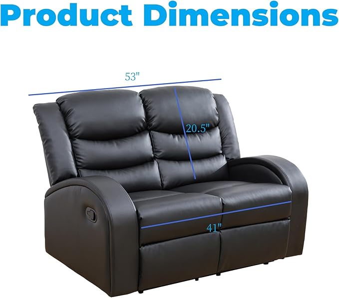 Loveseat Recliner Sofa, Reclining Loveseat Leather Couch Upholstered, Modern Comfy Home Theater Seating Power Recliner Chair for Living Room Furniture Sets, Black