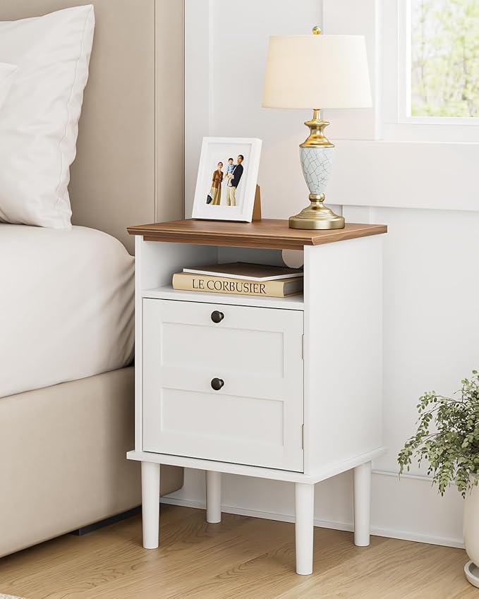 Nightstand, Boho Night Stand with 1 Drawer, Modern Side Accent Table with Open Shelf, Wooden Top Bedside End Table for Bedroom, Living Room, White