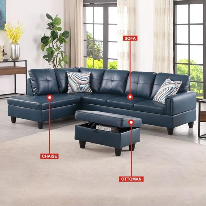 Denim L-Shaped 3-Piece Faux Leather Sofa with Storage Ottoman Set, Sectional Couch Sofa Set for Living Room, Office, Small Space