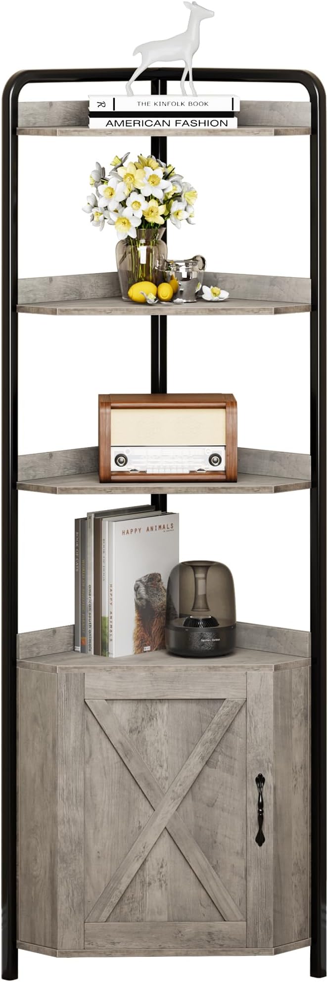 IDEALHOUSE 70.9 Inch Corner Cabinet 5-Tier Tall Corner Cabinet Farmhouse Bookshelves Rustic Storage Rack Industrial Bookcase Plant Stand for Living Room, Bedroom, Home Office, Kitchen