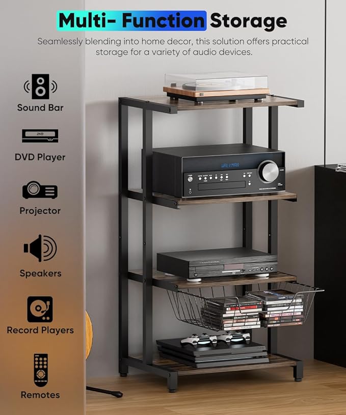 Media Stand with Detachable Baskets, 4-Tier AV Media Stand Corner Shelf for DVD Players/Cable Boxes/Games Consoles, Audio Storage Rack for Living Room, Gaming Room, Music Studio, Black
