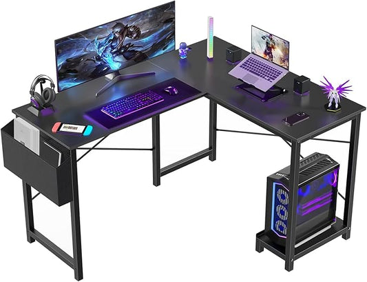 Whitmor L Shaped Gaming Desk - 50 Inch Reversible Corner Computer Desk with Wood Top, Metal Frame, CPU Stand & Side Bag, Home Office Dorm Sturdy Writing Workstation, Black