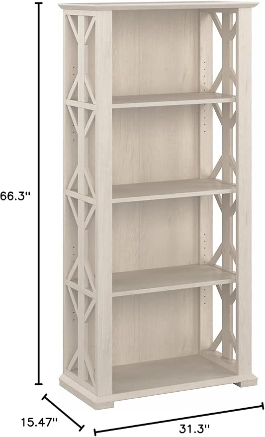Bush Furniture Homestead 4 Shelf Farmhouse Bookcase in Linen White Oak, Vertical Office Organizer, Home Shelving Unit for Books and Decor, Bookshelf