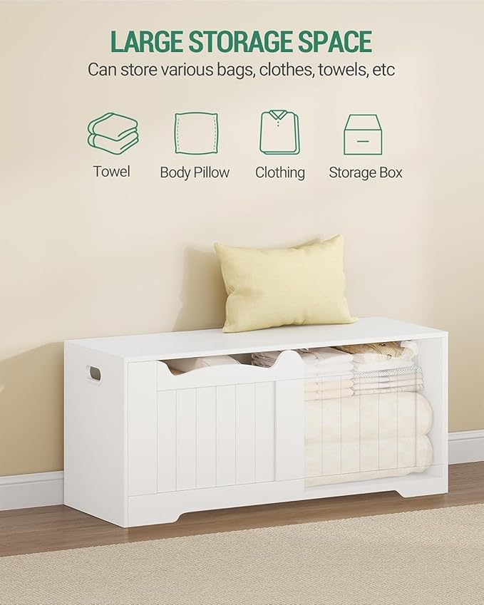 43.3" Storage Chest, Extra Large Storage Trunk with 2 Safety Hinges, Lift-Top Bench Box, Wooden Chest Organizer, Shoe Bench for Entryway, Bedroom, Living Room, White SB25503X