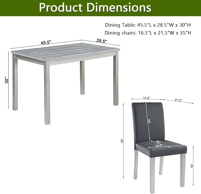 KEIKI 5-Piece Standard Height Dining Table Set with Rectangular Table and 4 Upholstered Chair, for 4 Person, Crystal Decoration Wooden Table Set, Easy Assembly, for Kitchen, Dining Room, Silver Grey
