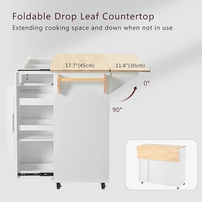 46" Kitchen Island with Drop Leaf,Kitchen Storage Cart W/ 3 Tier Pull Out Cabinet Organizer & Internal Storage Rack,Rolling Kitchen Cart on Wheels W/Towel Rack & 2 Drawers,for Kitchen,White