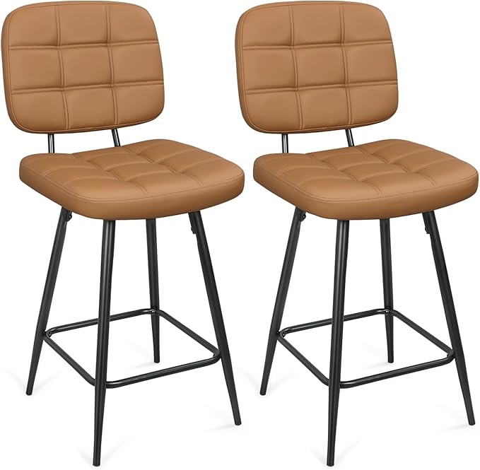 Bar Stools Set of 2, 24 Inch Upholstered Metal Barstool with Back and Footrest, Bar Chair with Metal Base for Dining Room Counter Island, Brown