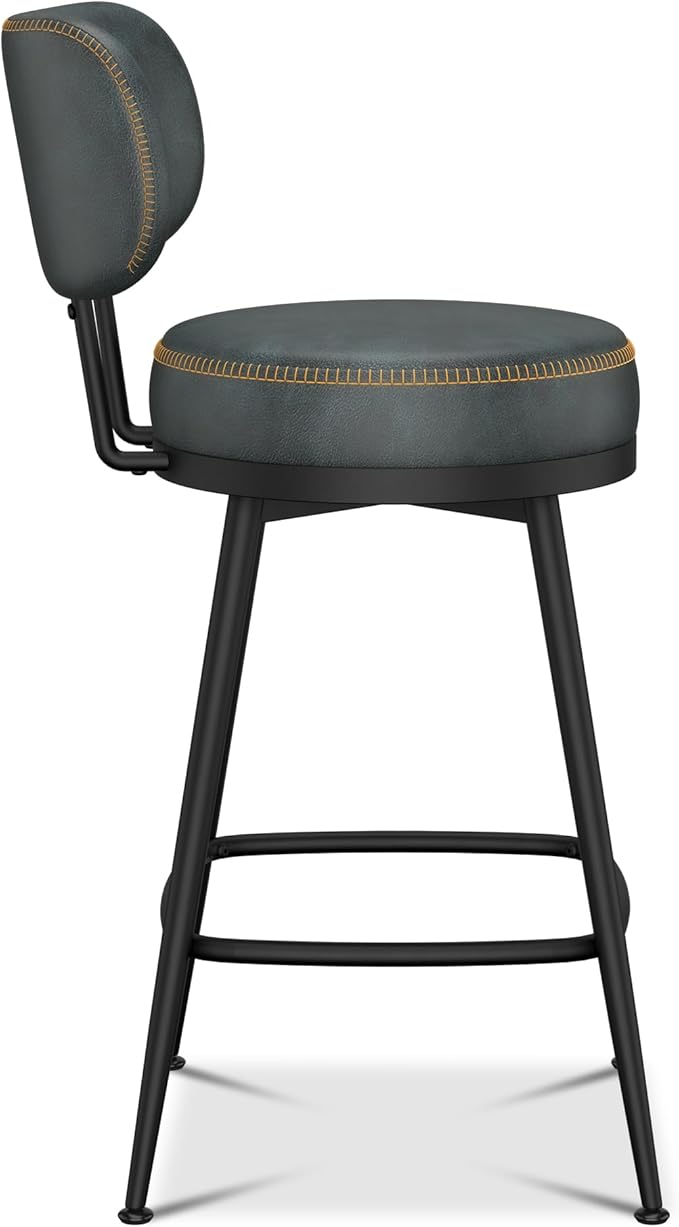Counter Height Bar Stools, 26" H Swivel Barstools Set of 2, Faux Leather Kitchen Counter Stools with Back and Stylish Stitching, Metal Frame, Pub, Home Bar, Balck Green
