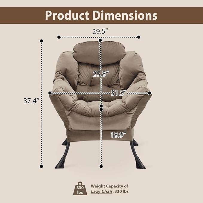 Lazy Chair Thick Padded, Comfy Velvet Accent Lounge Chair with Stable Frame, Leisure Sofa Armchair with Armrests and Side Pocket, Reading Chair for Bedroom, Living Room, Office, Dark Gray