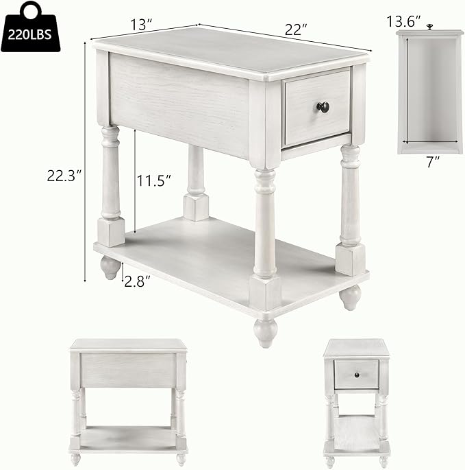 LEEMTORIG Set of 2 Solid Wood End Table Narrow Side Table with Drawer, Cherry Wood End Table Living Room, 13" W Slim Small Nightstand, 22" D x 22.3" H, No-Tools Assembly, Gray White BBJ-004-RW