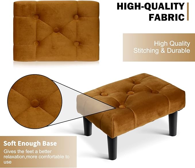 HOUCHICS Small Footstool Ottoman,Velvet Soft Footrest Ottoman with Wood Legs,Sofa Footrest Extra Seating for Living Room Entryway Office(Coffee 2PACK)