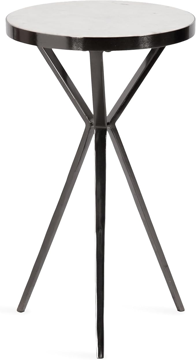 Kate and Laurel Gribben Modern Round Marble Side Table, 14 x 14 x 24, White and Gray Gunmetal, Tripod-Base Bedside Table for Display and Storage as a Bedroom Nightstand or Living Room Accent
