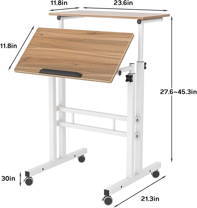 soges 23.6inches Height Adjustable Desk Laptop Desk on The Wheels, Rolling Stand Up Desk Computer Desk Adjustable Standing Desk Sit and Stand Desk Portable Laptop Table, Oak