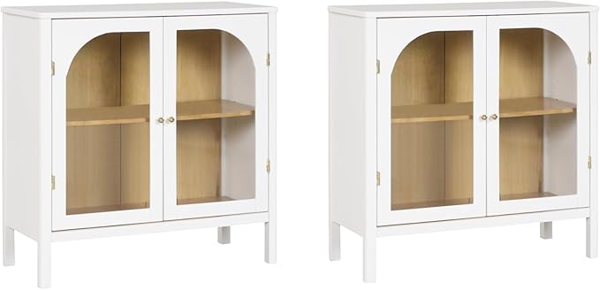 Nathan James Mason Wood Storage Cabinet Accent Sideboard Buffet Credenza TV Stand with Glass Doors and Adjustable Shelf for Dining Room, Entryway or Living Room, Clear Glass/White/Light Oak, Set of 2