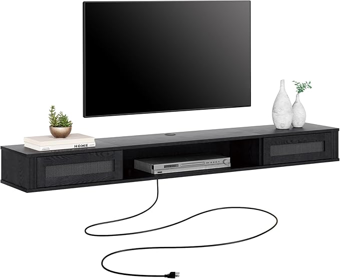WAMPAT Floating TV Stand Shelf with Power Outlet, Mid Century Modern Wall Mount Shelf for TVs up to 80",Media Console TV Cabinet with 2 Rattan Doors