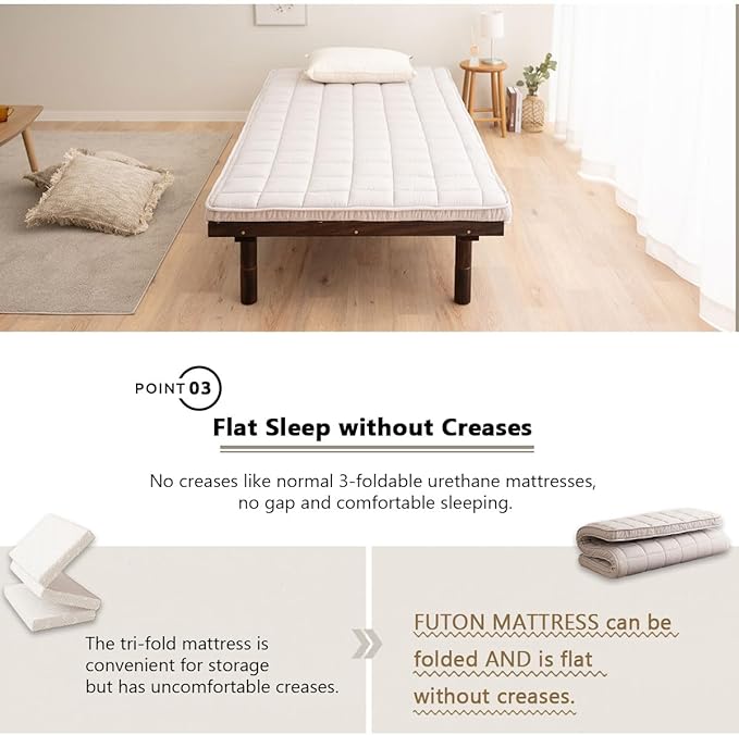 EMOOR Japanese Padded Futon Mattress Machi Twin Gray, Gusset Foldable Storable Elastic Bands Floor Sleeping Guest Bed Tatami Mat