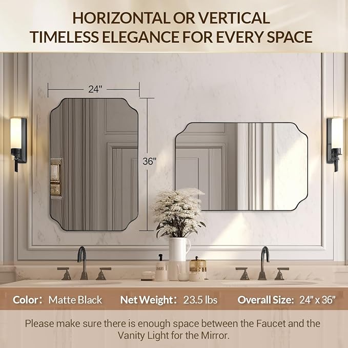 Black Wall Mirror, 24"x36" Black Scalloped Mirror, Unique Curved Edge Design, Anti-Rust SUS304 Frame, Hangs Vertical or Horizontal