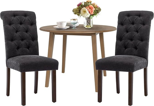 COLAMY 3-Piece Extendable Dining Table Set for 2, 36" Kitchen Round Wood Table with 2 Tufted Dining Room Chairs,Light Brown/Black