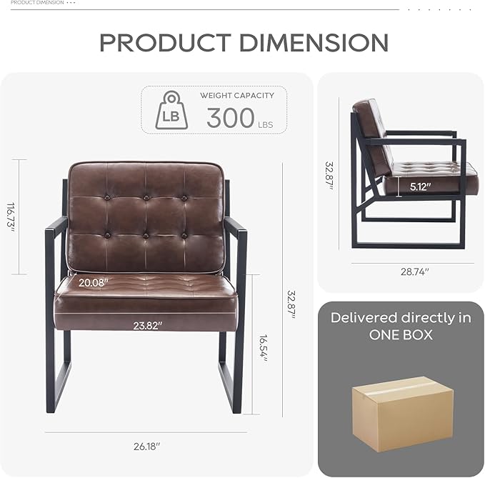 COLAMY Mid Century Modern Accent Chair Set of 2, Comfy Living Room Chair, Brown Leather Accent Chair, Faux Leather Reception Armchair with Metal Legs for Living Room Bedroom Reception Office, Brown