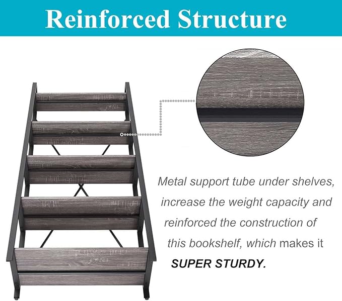 BON AUGURE 5-Tier Ladder Shelf, Industrial Leaning Bookcase, Wood and Metal Ladder Bookshelf for Living Room, Bedroom, Kitchen, Home Office (Grey Oak)