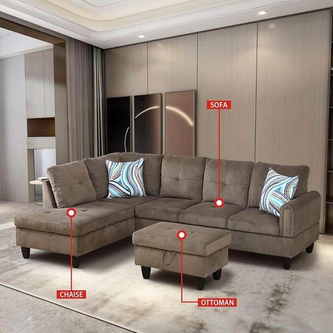 Brown L-Shaped 3-Piece Corduroy Sofa with Storage Ottoman Set, Sectional Couch Sofa Set for Living Room, Office, Small Space