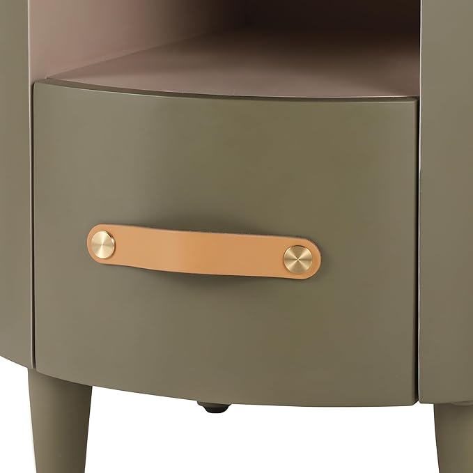 Merax Round Nightstand with Storage Drawer, MDF Contemporary Modern Bedside Table with Open Storage Shelf, Curved Design Sofa End Table for Bedroom & Living Room, Easy Assembly, Green