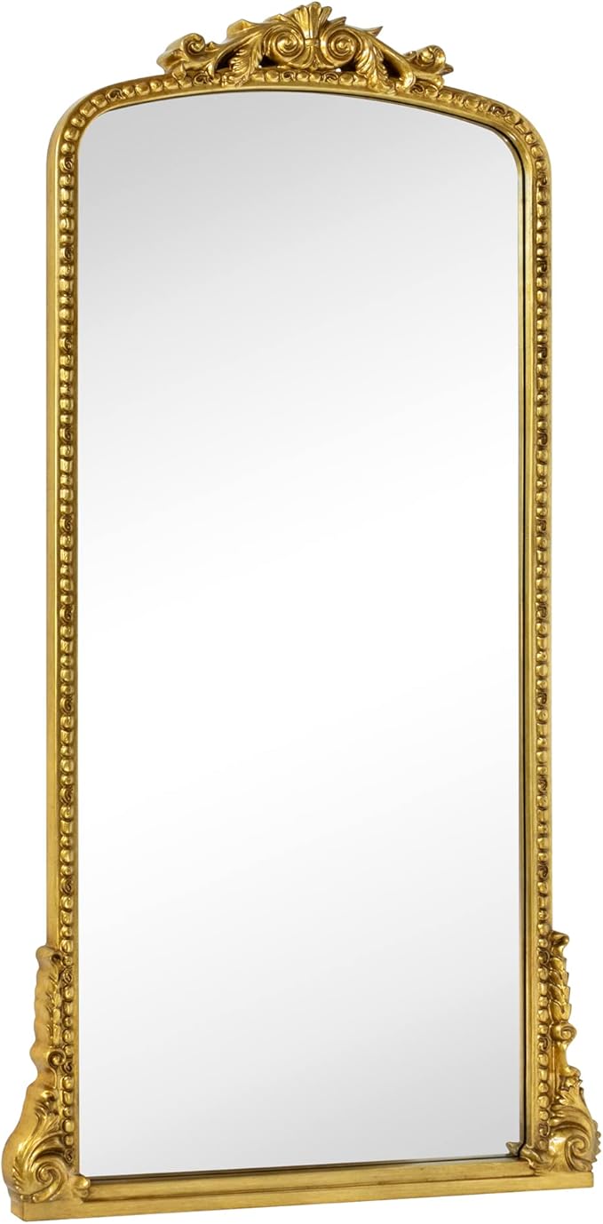 Traditional Ornate Floor Mirror Gold Arched Framed Full Length Wall Mirror Baroque Inspired Full Body Mirror, Antiqued Gold 30 x 60''