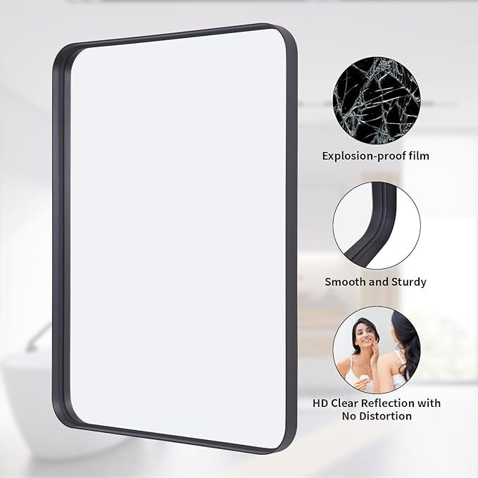 Bathroom Mirror 24x36 inch, Black Gorgeous Deep Frame Wall Mirror, Modern Round Corner Bathroom Vanity Mirror for Bedroom, Living Room, Hanging or Leaning Horizontal or Vertical, Black
