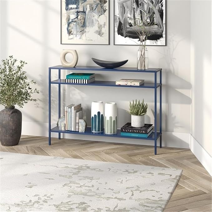 Henn&Hart 42" Wide Rectangular Console Table with Metal Shelves in Mykonos Blue, Entryway Table, Accent Table for Living Room, Hallway