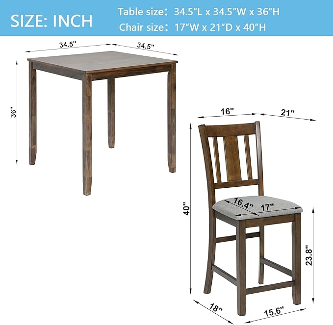 KEIKI 5-Piece Counter Height Dining Table Set with Square Table and 4 Upholstered Slatted Backrset Chair, for 4 Person, Modern Style Wooden Table Set, Easy Assembly, for Kitchen, Dining Room, Walnut