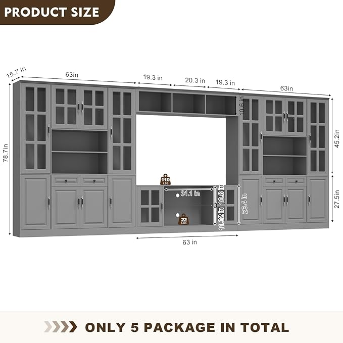 4-Piece Wall Unit TV Stand with Storage & LED Lights for TVs up to 75", Modern Entertainment Center with Bookshelves & 8-Door Pantry Cabinet, Gray