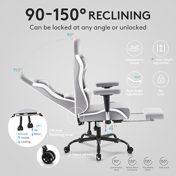 Gaming Chair,Computer Office Chair with Footrest,Massage Lumbar Support and Gel Pad,Ergonomic Reclining Leather Gamer Chair with Headrest,Adjustable Armrests and Spring Cushion Grey White